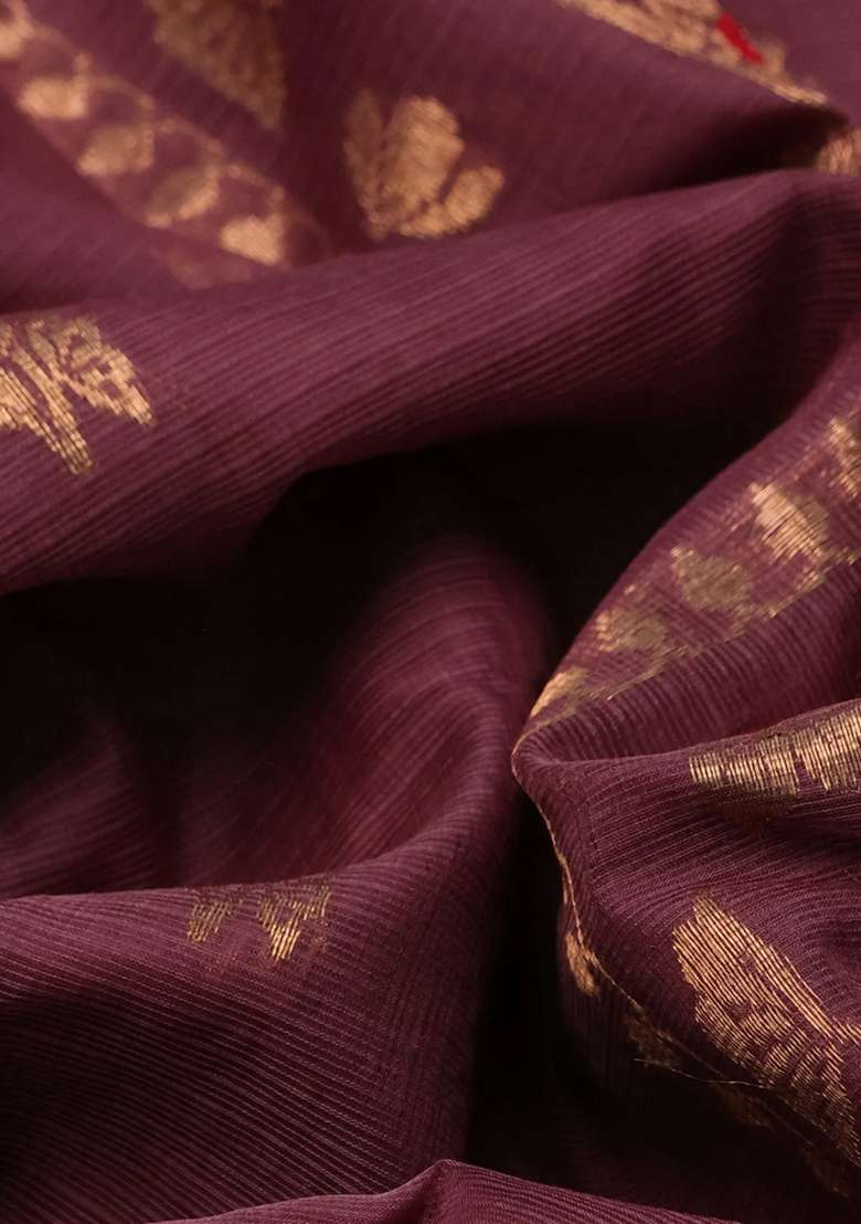 Pure Zari Kota Silk Cotton Saree Rosy Brown And Maroon With Allover Silver Zari Woven Buttas And Rettapet With Buttas And Brocade Design For Women - Indya