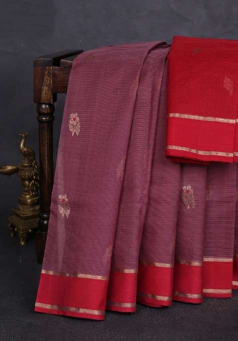 Pure Zari Kota Silk Cotton Saree Rosy Brown And Maroon With Allover Silver Zari Woven Buttas And Rettapet With Buttas And Brocade Design For Women