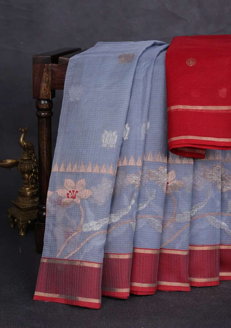 Pure Zari Kota Silk Cotton Saree Grey And Maroon With Allover Silver Zari Woven Buttas And Rettapet Zari With Buttas And Brocade Design For Women - Indya