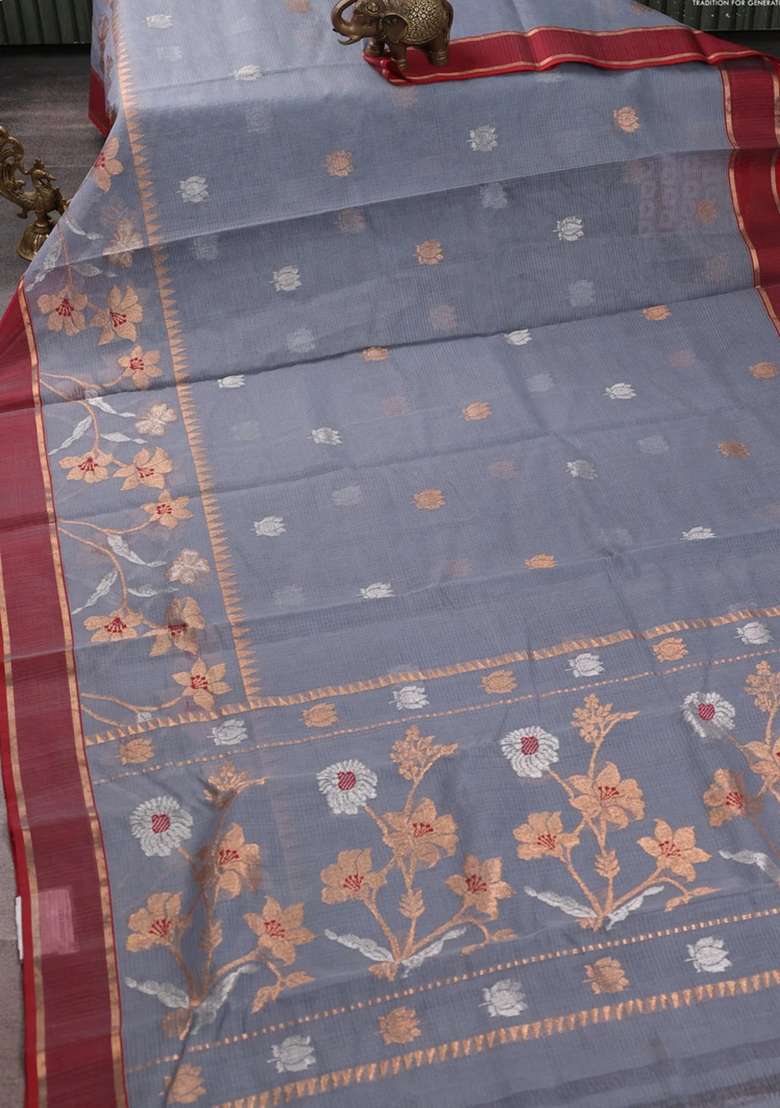 Pure Zari Kota Silk Cotton Saree Grey And Maroon With Allover Silver Zari Woven Buttas And Rettapet Zari With Buttas And Brocade Design For Women - Indya