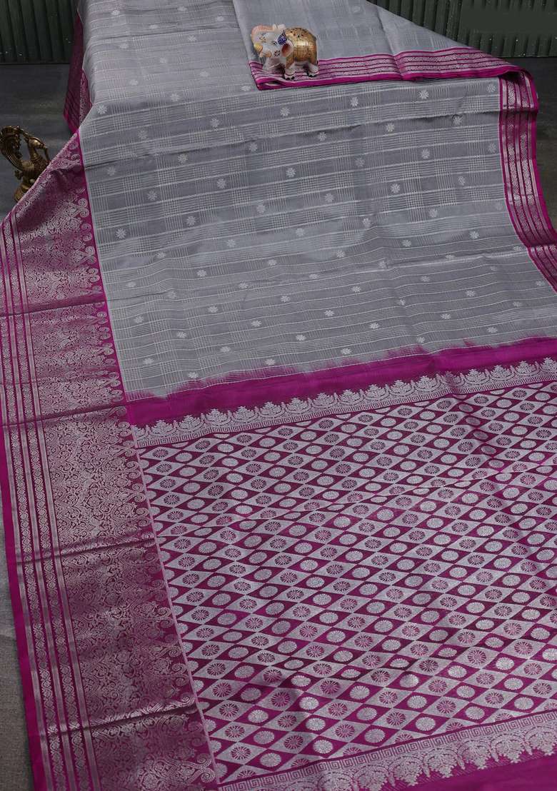Venkatagiri Silk Saree Grey And Dark Magenta Pink With Allover Silver Zari Checks Buttas And Long Silver Zari With Buttas And Brocade Design For Women - Indya