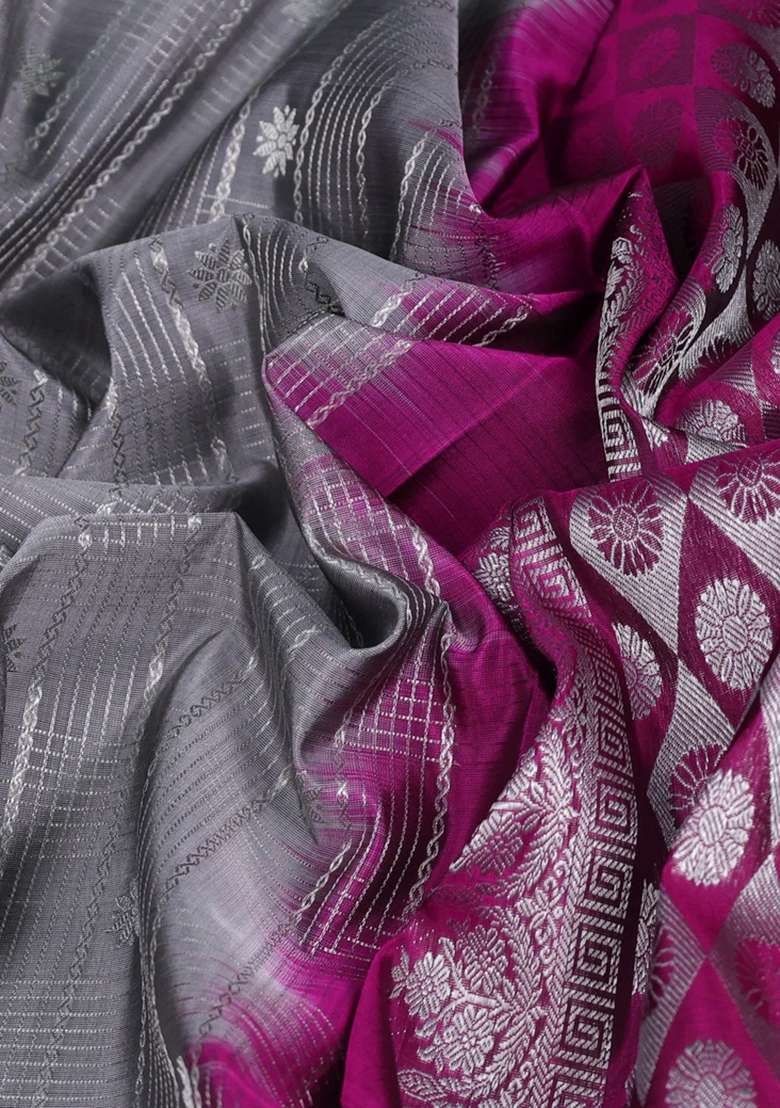 Venkatagiri Silk Saree Grey And Dark Magenta Pink With Allover Silver Zari Checks Buttas And Long Silver Zari With Buttas And Brocade Design For Women - Indya
