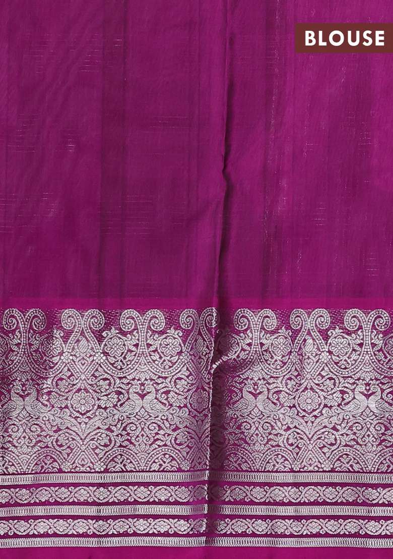 Venkatagiri Silk Saree Grey And Dark Magenta Pink With Allover Silver Zari Checks Buttas And Long Silver Zari With Buttas And Brocade Design For Women - Indya