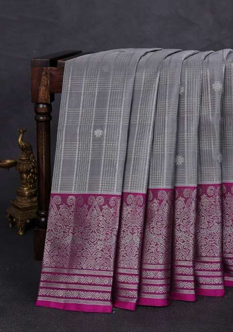 Venkatagiri Silk Saree Grey And Dark Magenta Pink With Allover Silver Zari Checks Buttas And Long Silver Zari With Buttas And Brocade Design For Women