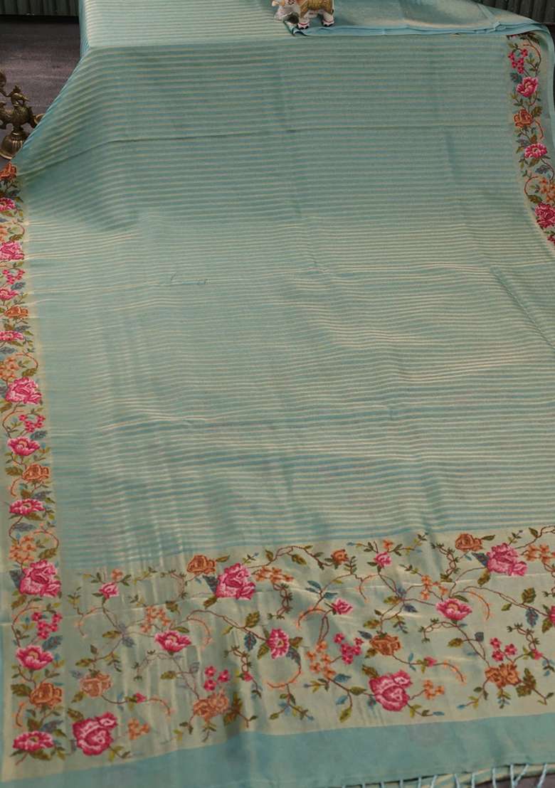 Tissue Saree Teal Blue With Allover Zari Stripe Pattern And Embroidery Border With Embroidered Design For Women - Indya