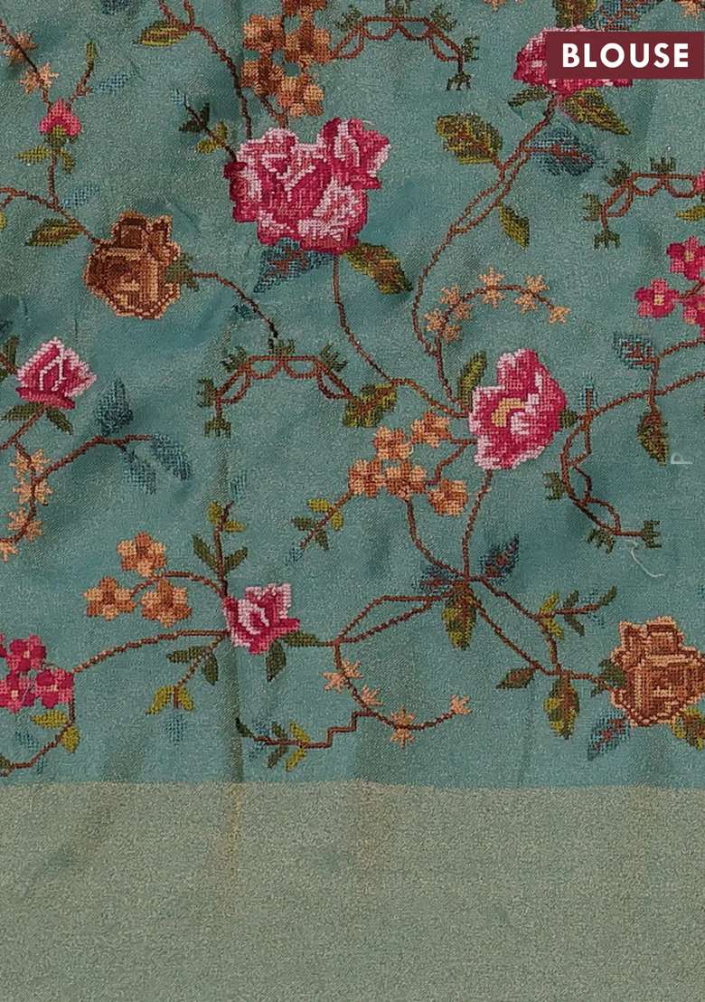 Tissue Saree Teal Blue With Allover Zari Stripe Pattern And Embroidery Border With Embroidered Design For Women - Indya