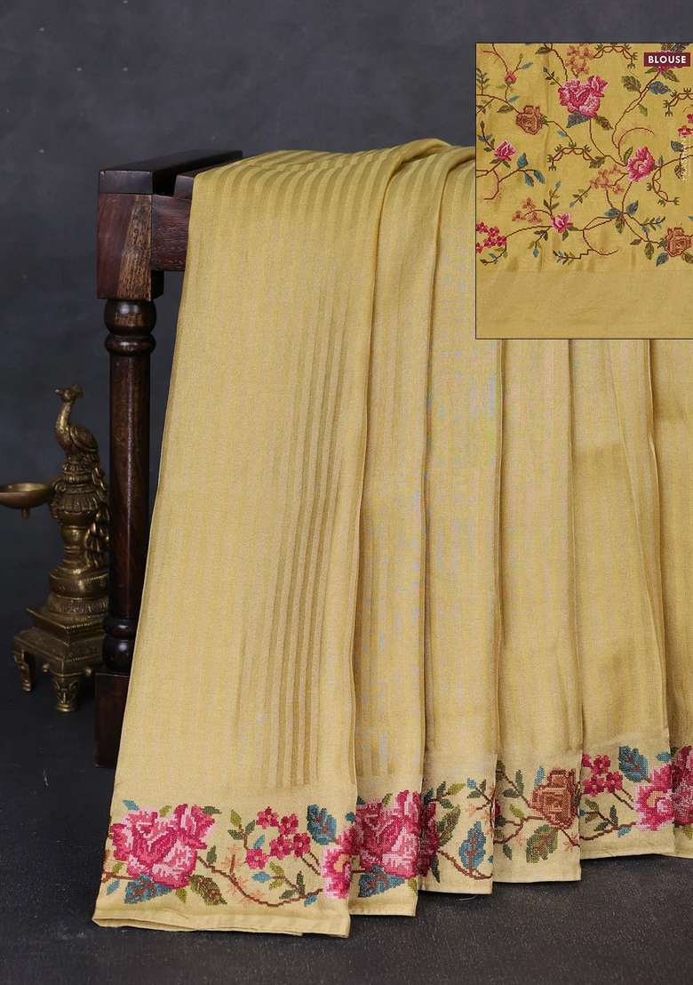 Tissue Saree Yellow With Allover Zari Stripe Pattern And Embroidery Border With Embroidered Design For Women - Indya