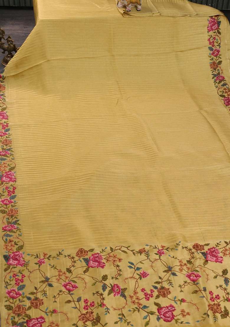 Tissue Saree Yellow With Allover Zari Stripe Pattern And Embroidery Border With Embroidered Design For Women - Indya