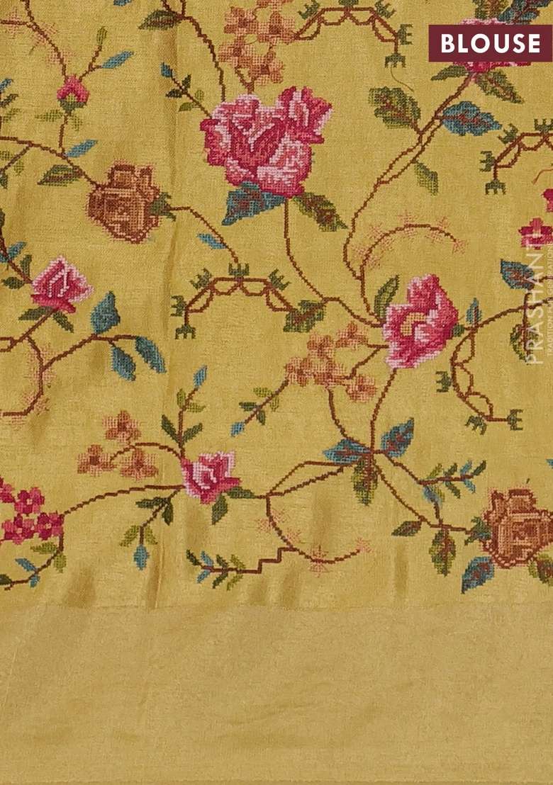 Tissue Saree Yellow With Allover Zari Stripe Pattern And Embroidery Border With Embroidered Design For Women - Indya