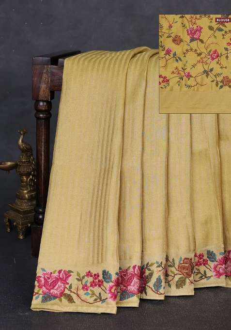Tissue Saree Yellow With Allover Zari Stripe Pattern And Embroidery Border With Embroidered Design For Women