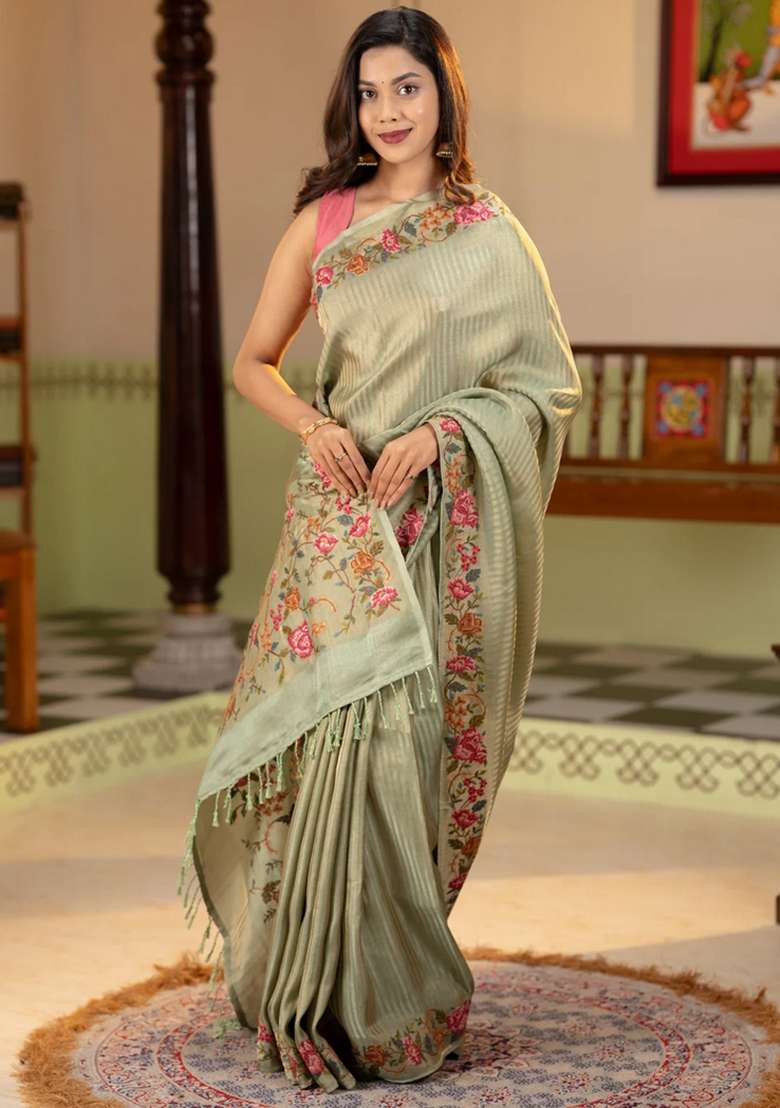Tissue Saree Pastel Green With Allover Zari Stripe Pattern And Embroidery Border With Embroidered Design For Women - Indya