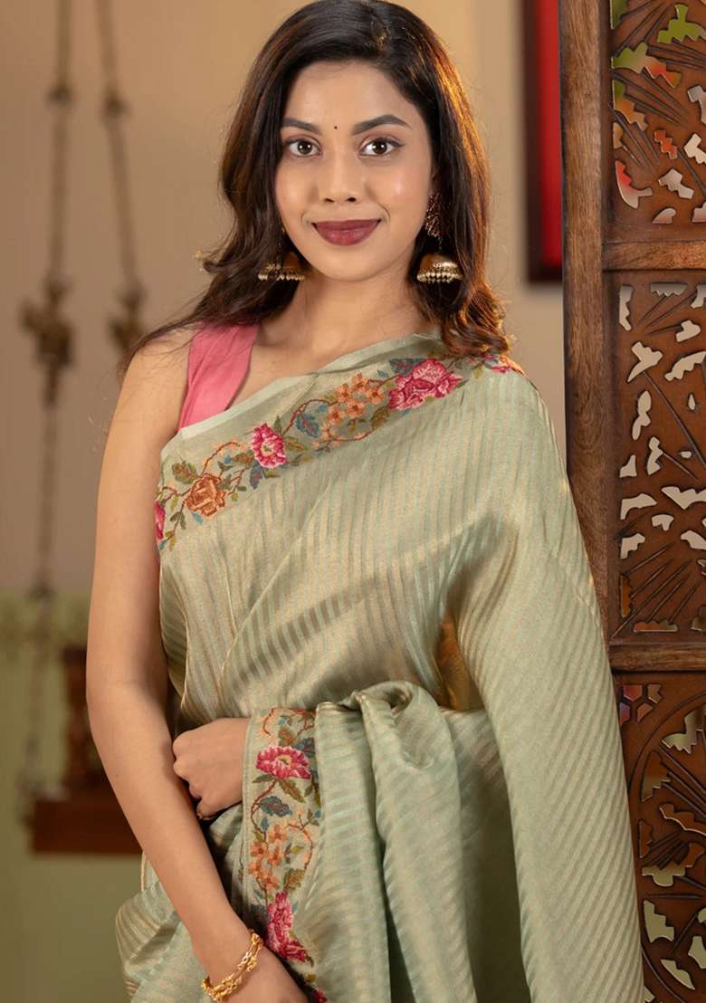 Tissue Saree Pastel Green With Allover Zari Stripe Pattern And Embroidery Border With Embroidered Design For Women - Indya