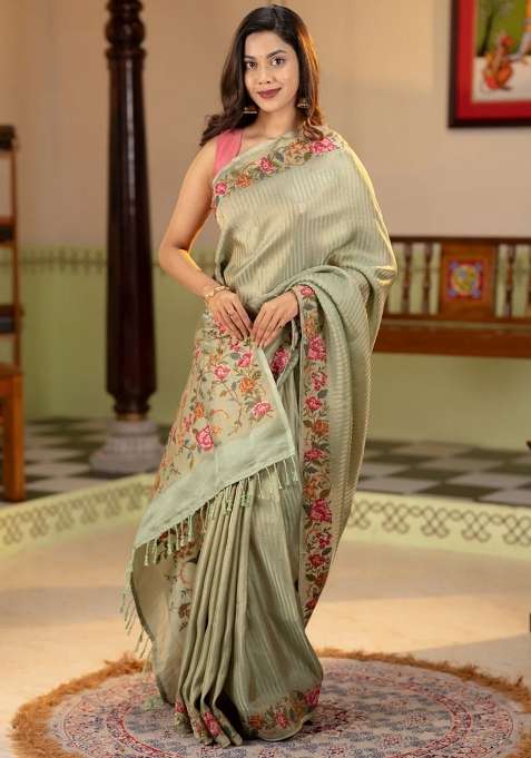 Tissue Saree Pastel Green With Allover Zari Stripe Pattern And Embroidery Border With Embroidered Design For Women