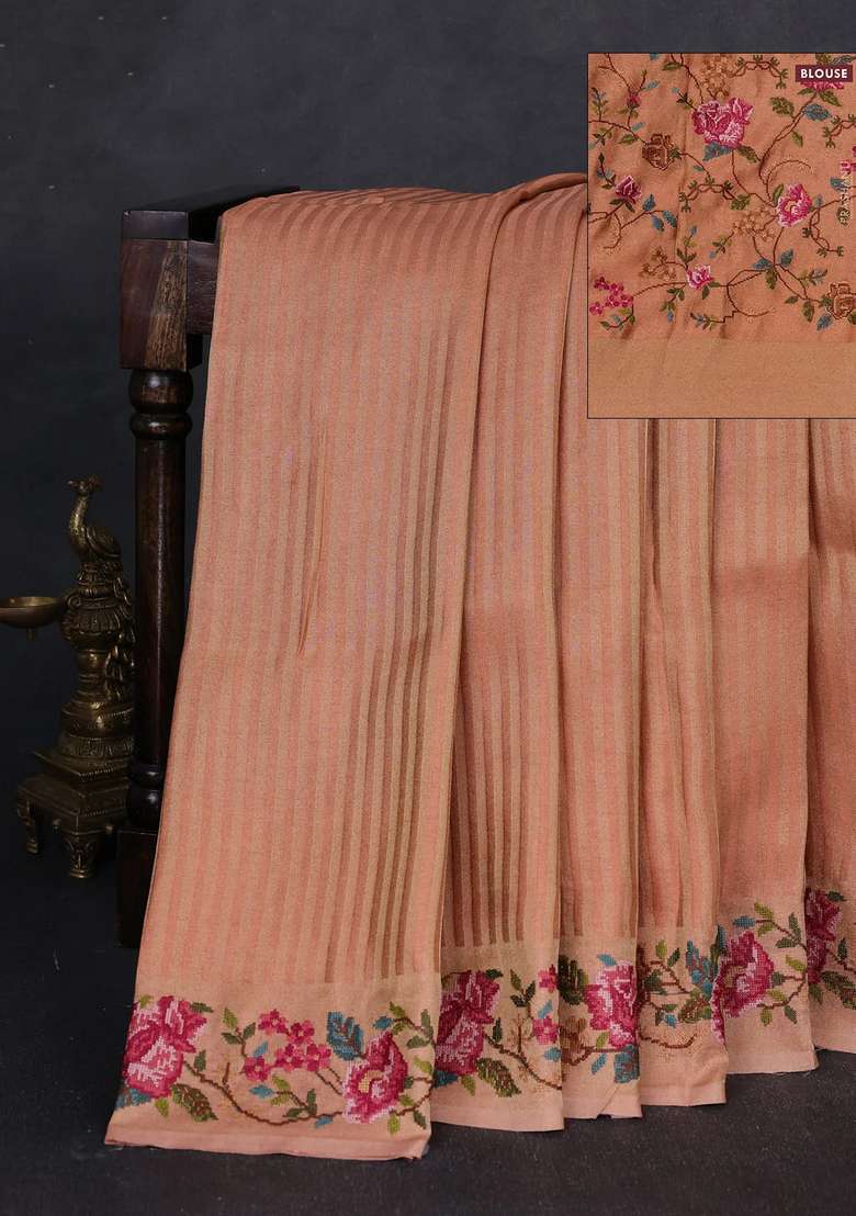 Tissue Saree Peach With Allover Zari Stripe Pattern And Embroidery Border With Embroidered Design For Women - Indya