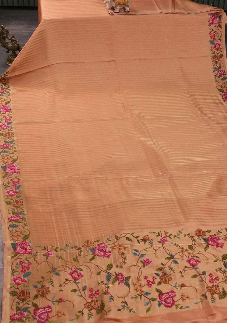 Tissue Saree Peach With Allover Zari Stripe Pattern And Embroidery Border With Embroidered Design For Women - Indya