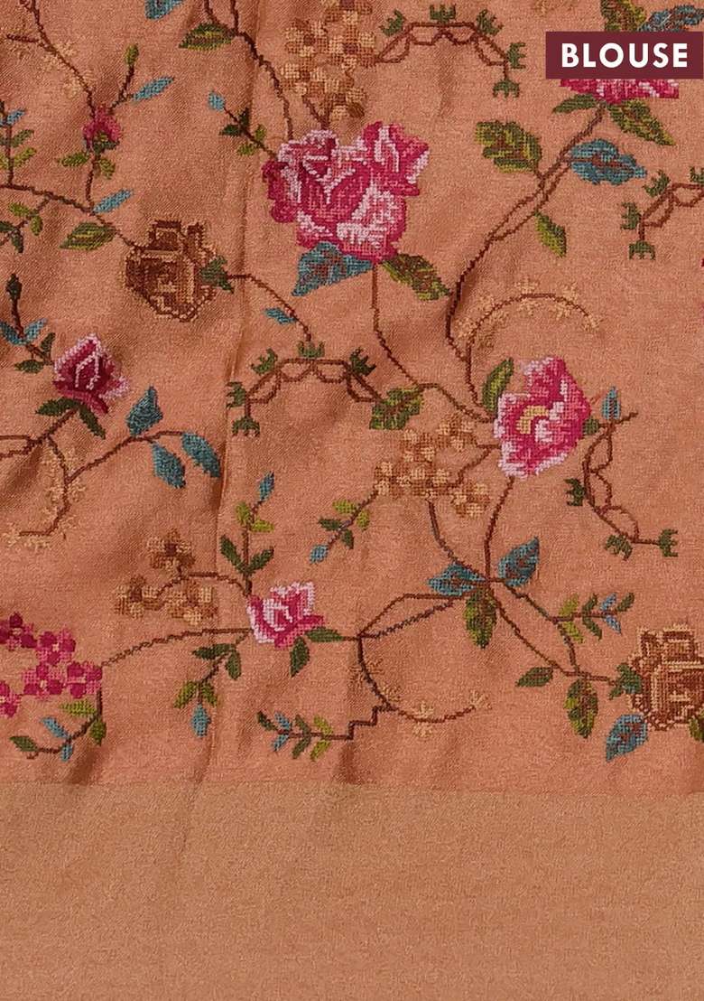 Tissue Saree Peach With Allover Zari Stripe Pattern And Embroidery Border With Embroidered Design For Women - Indya