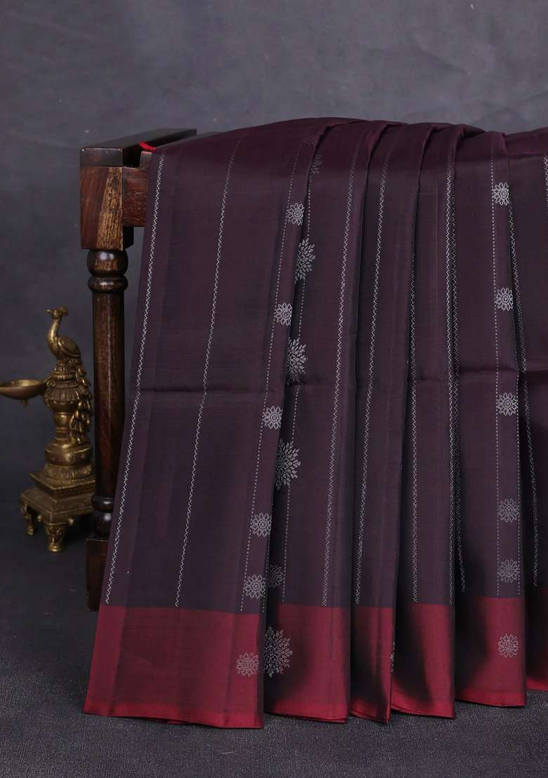 Kanchipuram Soft Silk Saree Coffee Brown And Deep Maroon With Allover Silver Zari Weaves Buttas And Zari With Buttas And Brocade Design For Women - Indya