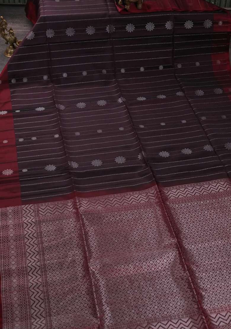 Kanchipuram Soft Silk Saree Coffee Brown And Deep Maroon With Allover Silver Zari Weaves Buttas And Zari With Buttas And Brocade Design For Women - Indya