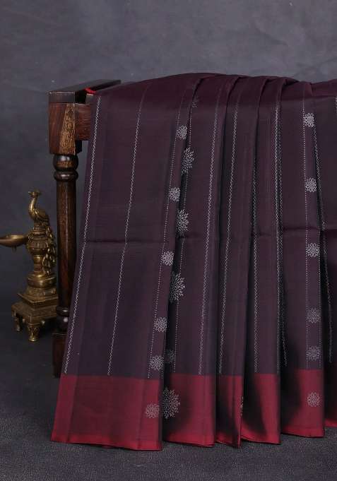 Kanchipuram Soft Silk Saree Coffee Brown And Deep Maroon With Allover Silver Zari Weaves Buttas And Zari With Buttas And Brocade Design For Women