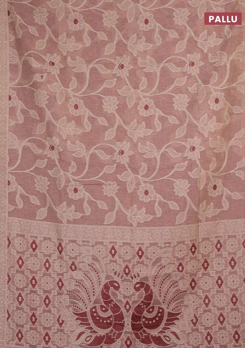 Jamdhani Cotton Saree Pastel Pink And Maroon With Allover Thread Weaves And Jamdhani Pallu With Traditional Woven Design For Women - Indya