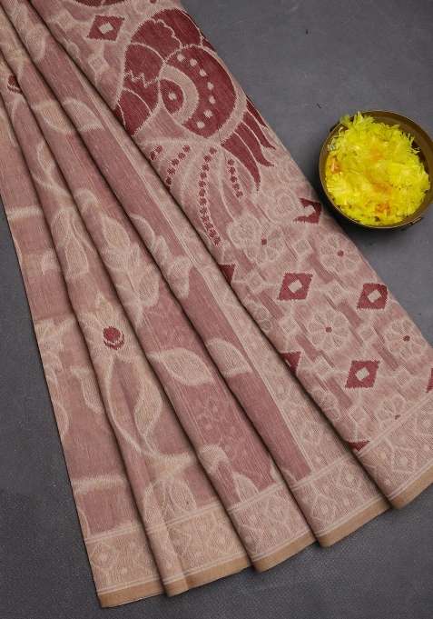 Jamdhani Cotton Saree Pastel Pink And Maroon With Allover Thread Weaves And Jamdhani Pallu With Traditional Woven Design For Women