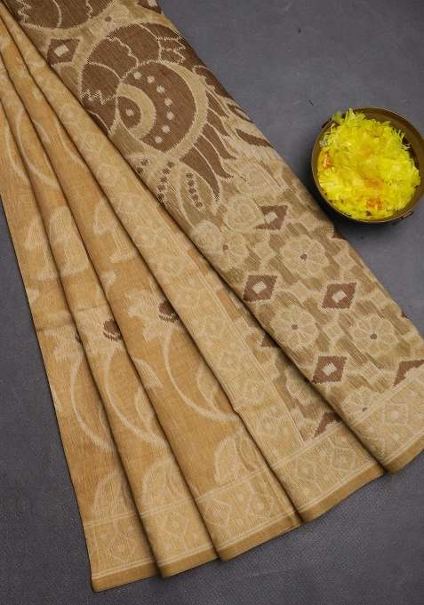 Jamdhani Cotton Saree Sandal And Brown With Allover Thread Weaves And Jamdhani Pallu With Traditional Woven Design For Women