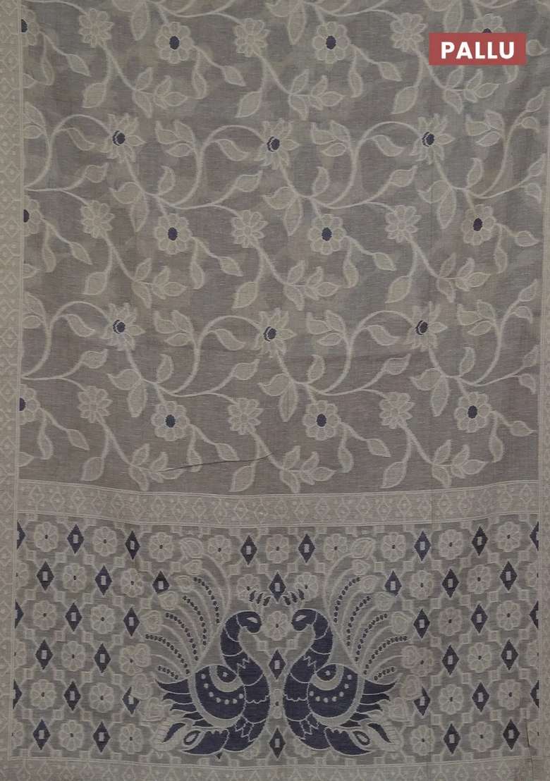 Jamdhani Cotton Saree Grey And Navy Blue With Allover Thread Weaves And Jamdhani Pallu With Traditional Woven Design For Women - Indya