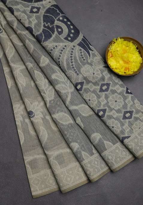 Jamdhani Cotton Saree Grey And Navy Blue With Allover Thread Weaves And Jamdhani Pallu With Traditional Woven Design For Women