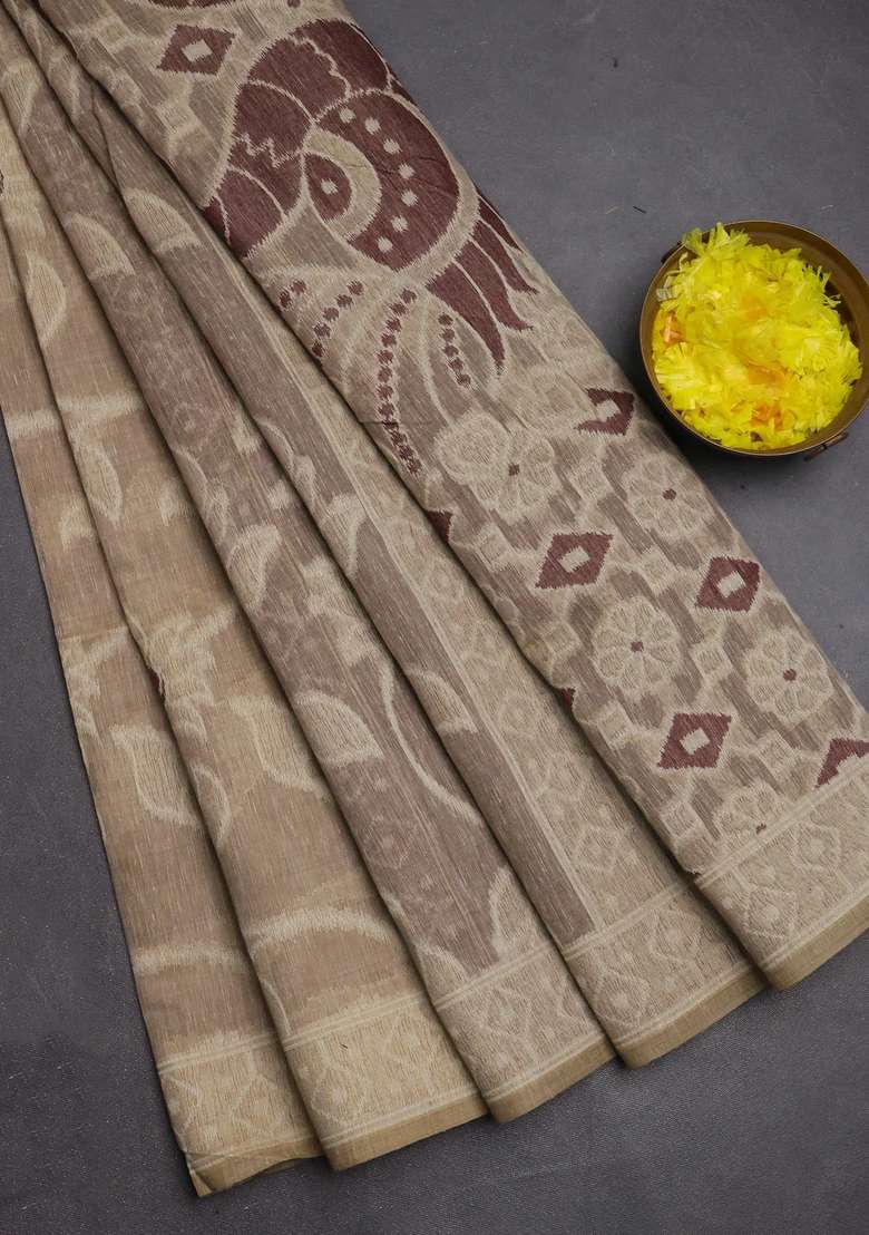 Jamdhani Cotton Saree Beige And Coffee Brown With Allover Thread Weaves And Jamdhani Pallu With Traditional Woven Design For Women - Indya