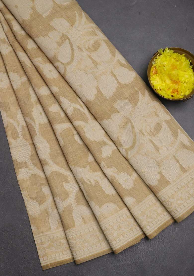 Jamdhani Cotton Saree Beige With Allover Thread Weaves And Jamdhani Pallu With Traditional Woven Design For Women - Indya
