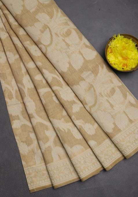 Jamdhani Cotton Saree Beige With Allover Thread Weaves And Jamdhani Pallu With Traditional Woven Design For Women