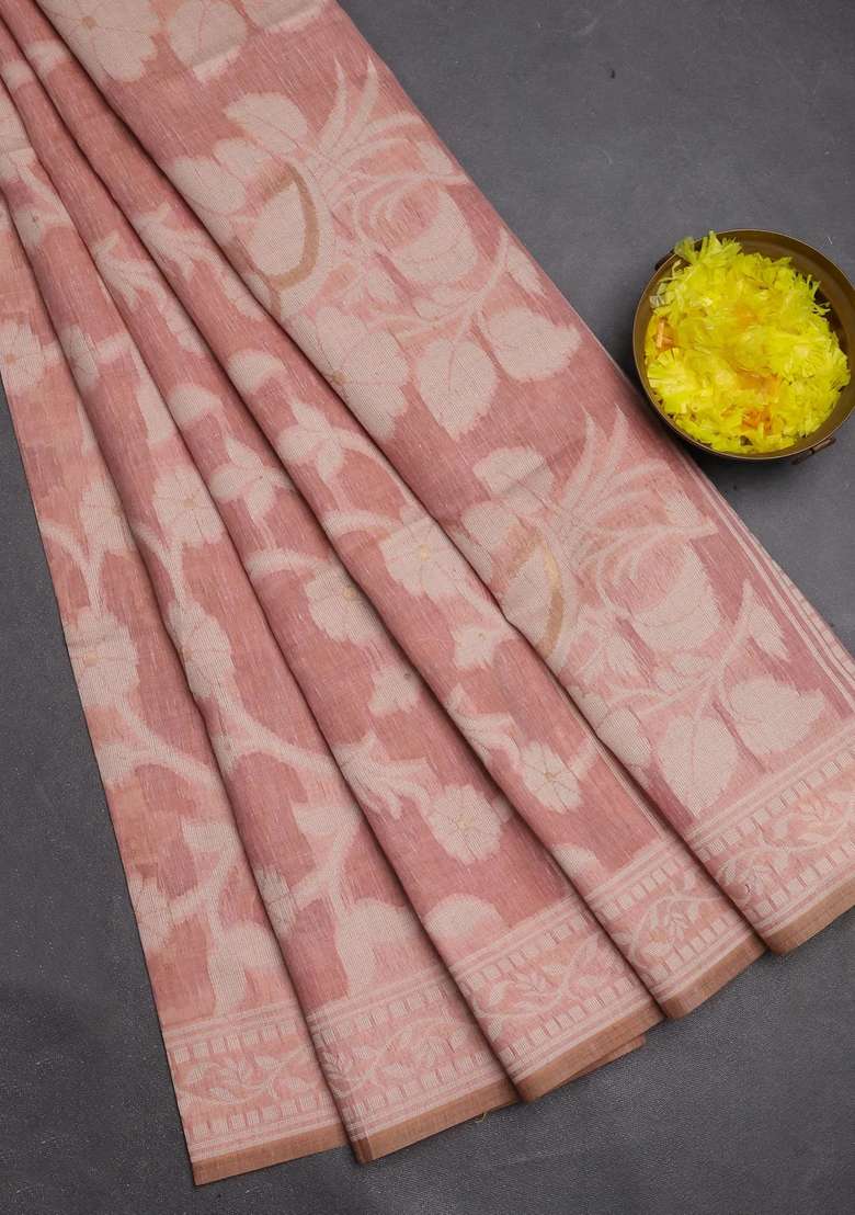 Jamdhani Cotton Saree Pastel Pink With Allover Thread Weaves And Jamdhani Pallu With Traditional Woven Design For Women - Indya