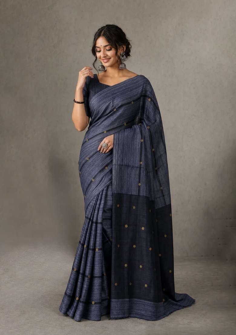 Matka Silk Saree Grey With Allover Coin Buttas In Borderless Style With Buttas And Brocade Design For Women - Indya