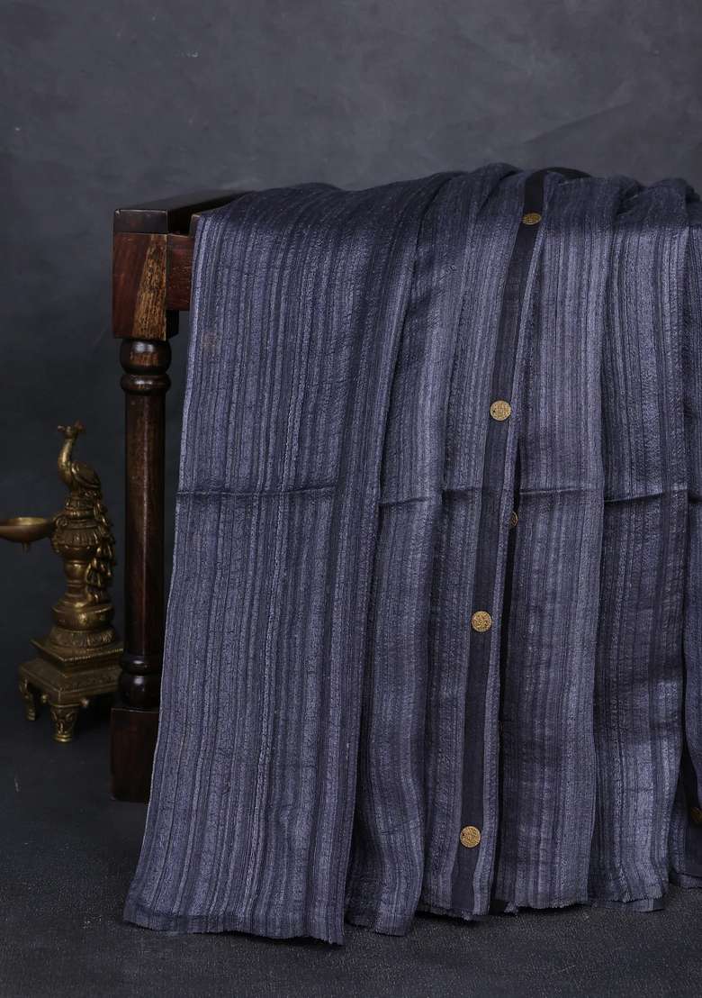 Matka Silk Saree Grey With Allover Coin Buttas In Borderless Style With Buttas And Brocade Design For Women - Indya