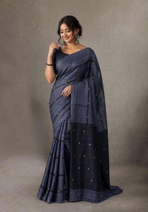 Matka Silk Saree Grey With Allover Coin Buttas In Borderless Style With Buttas And Brocade Design For Women