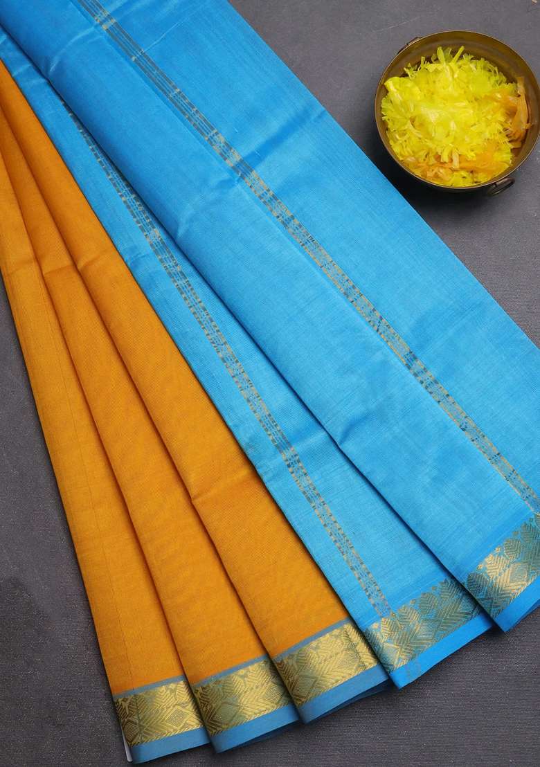 Silk Cotton Saree Mustard Yellow And Cs Blue With Plain Body And Zari Woven Border With Traditional Woven Design For Women - Indya