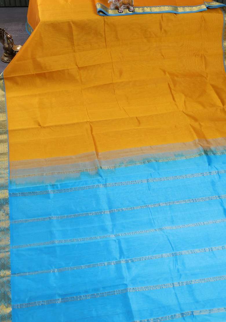 Silk Cotton Saree Mustard Yellow And Cs Blue With Plain Body And Zari Woven Border With Traditional Woven Design For Women - Indya