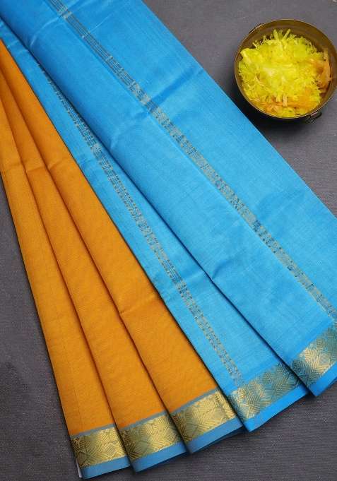 Silk Cotton Saree Mustard Yellow And Cs Blue With Plain Body And Zari Woven Border With Traditional Woven Design For Women