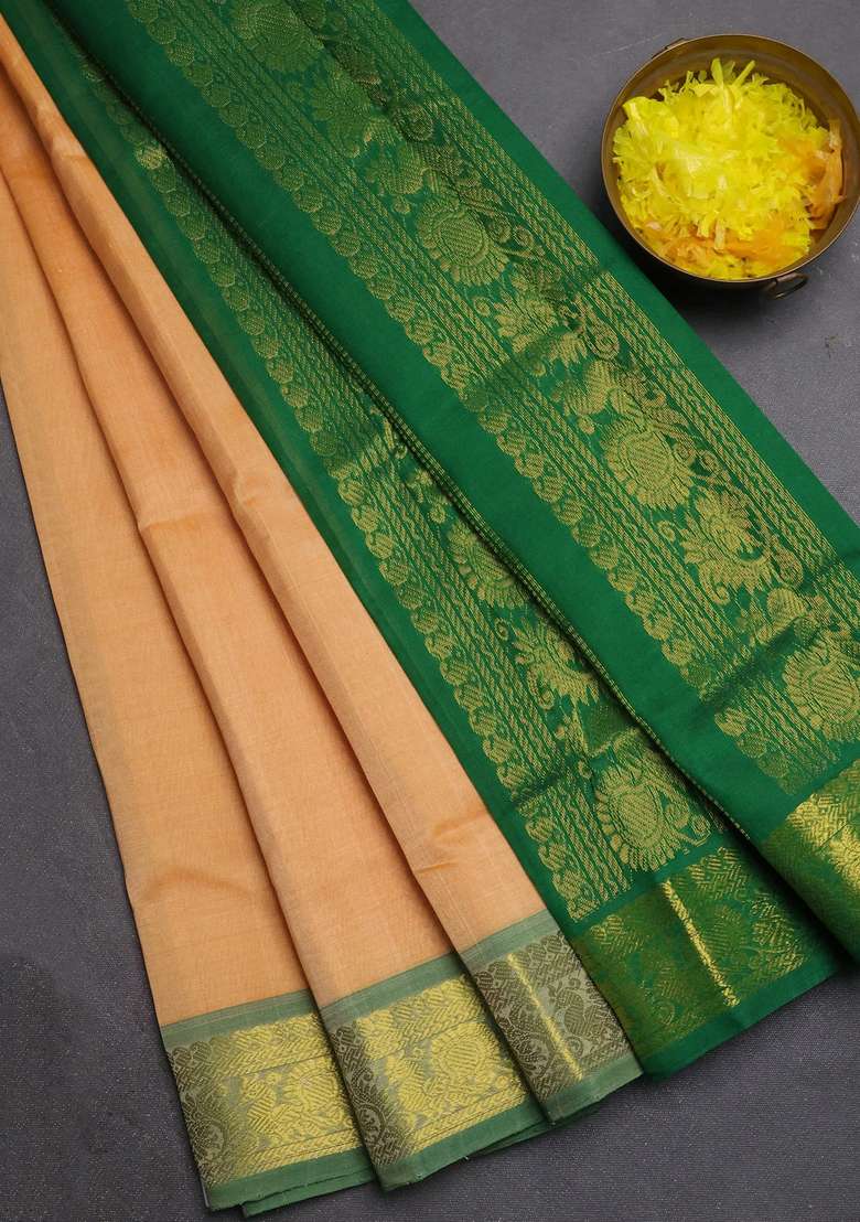 Silk Cotton Saree Pale Orange And Green With Plain Body And Zari Woven Border With Traditional Woven Design For Women - Indya