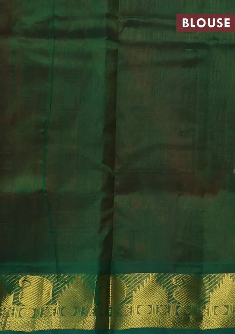 Silk Cotton Saree Rust Shade And Green With Plain Body And Paisley Temple Zari Woven Border With Korvai And Temple Border Design For Women - Indya