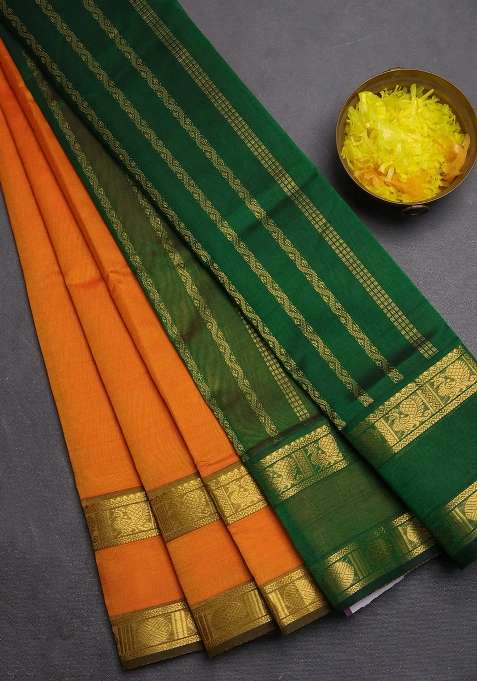 Silk Cotton Saree Sunset Orange And Green With Plain Body And Rettapet Zari Woven Border With Traditional Woven Design For Women