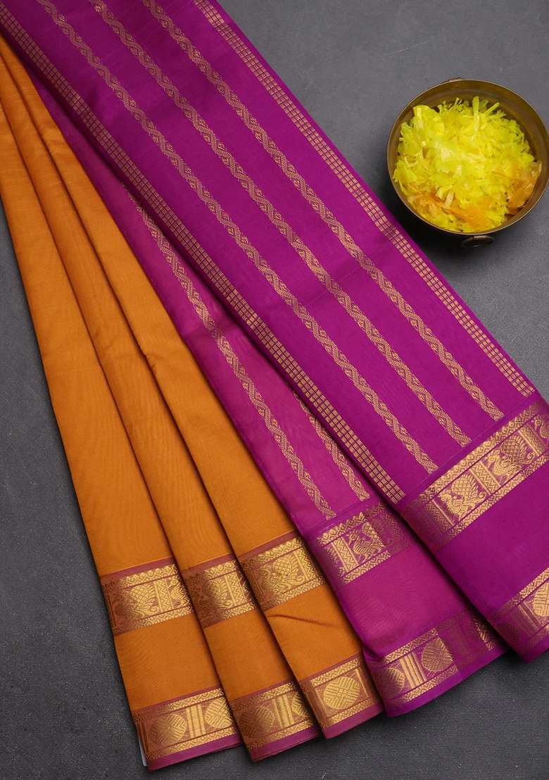 Silk Cotton Saree Dark Mustard And Purple With Plain Body And Rettapet Zari Woven Border With Traditional Woven Design For Women - Indya