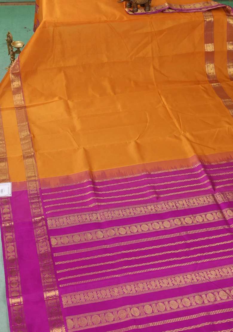Silk Cotton Saree Dark Mustard And Purple With Plain Body And Rettapet Zari Woven Border With Traditional Woven Design For Women - Indya