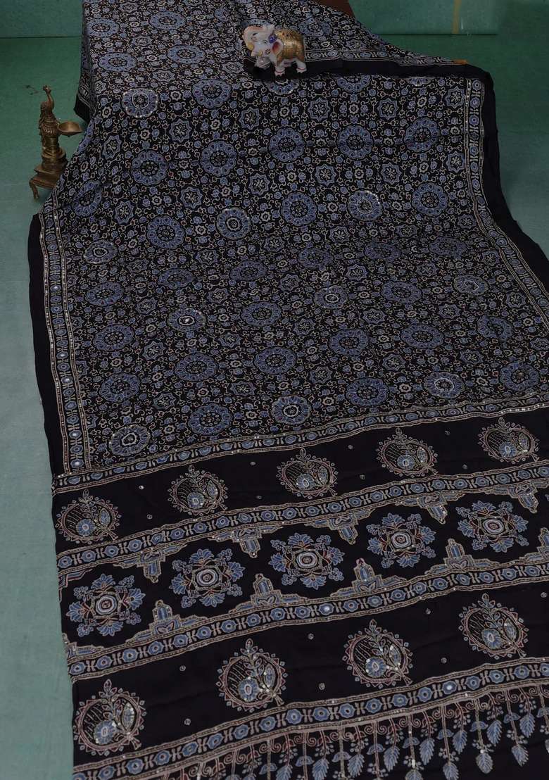 Modal Silk Saree Black With Allover Ajrakh Prints Sequin Work And Mirror Sequin Work Pallu With Embroidered Design For Women - Indya