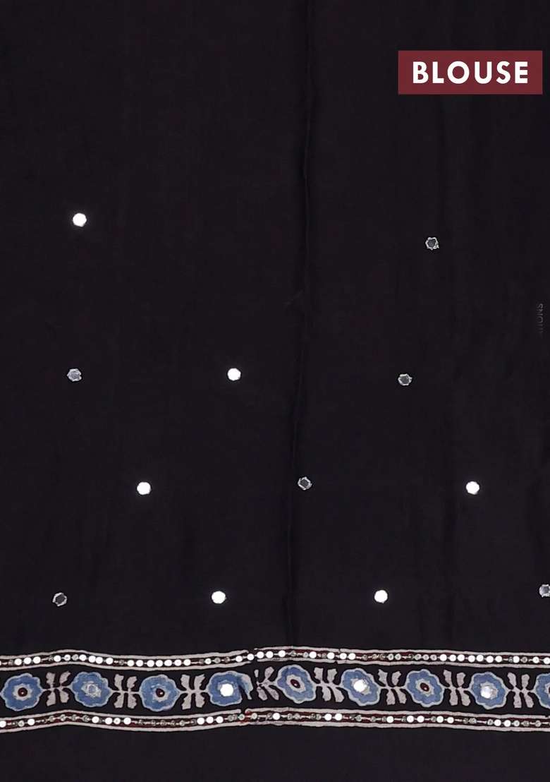 Modal Silk Saree Black With Allover Ajrakh Prints Sequin Work And Mirror Sequin Work Pallu With Embroidered Design For Women - Indya