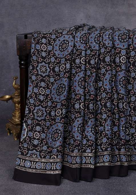 Modal Silk Saree Black With Allover Ajrakh Prints Sequin Work And Mirror Sequin Work Pallu With Embroidered Design For Women