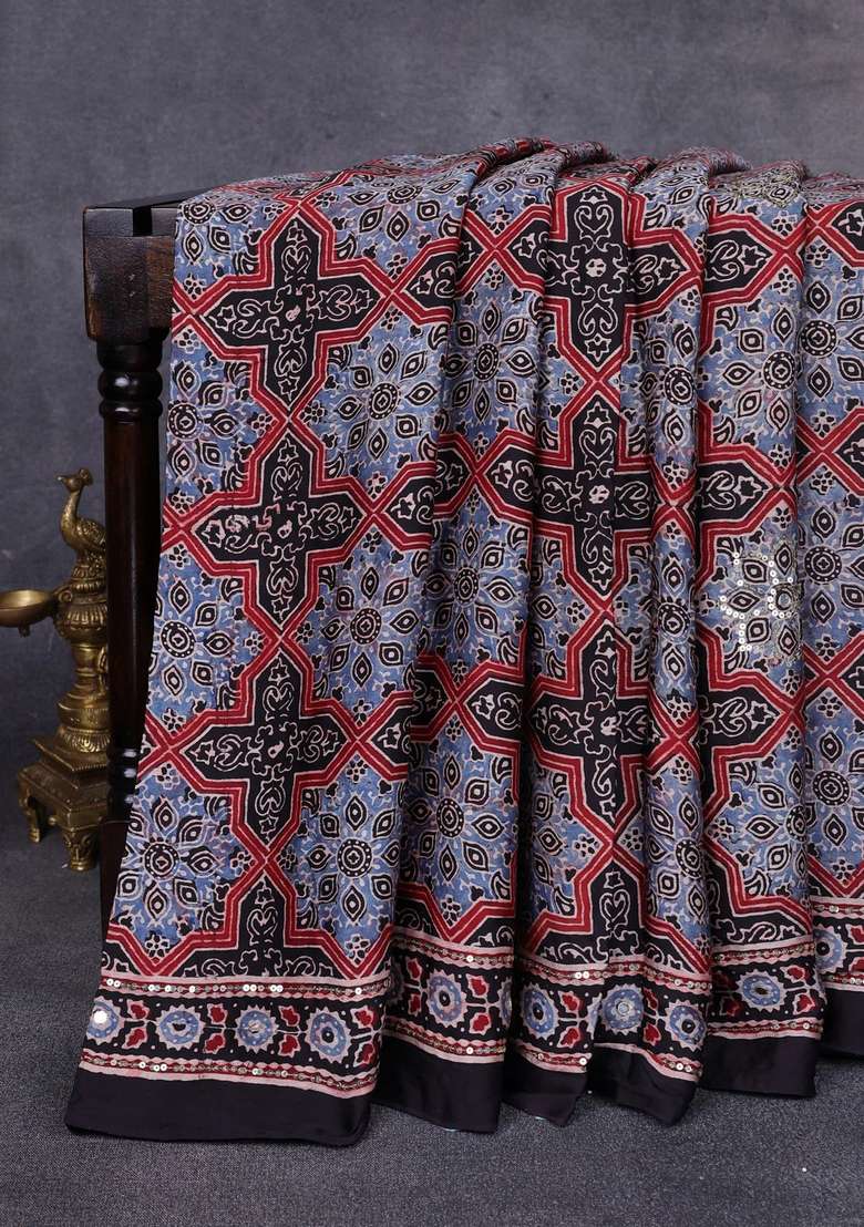 Modal Silk Saree Black With Allover Ajrakh Prints Sequin Work And Mirror Sequin Work Pallu With Embroidered Design For Women - Indya
