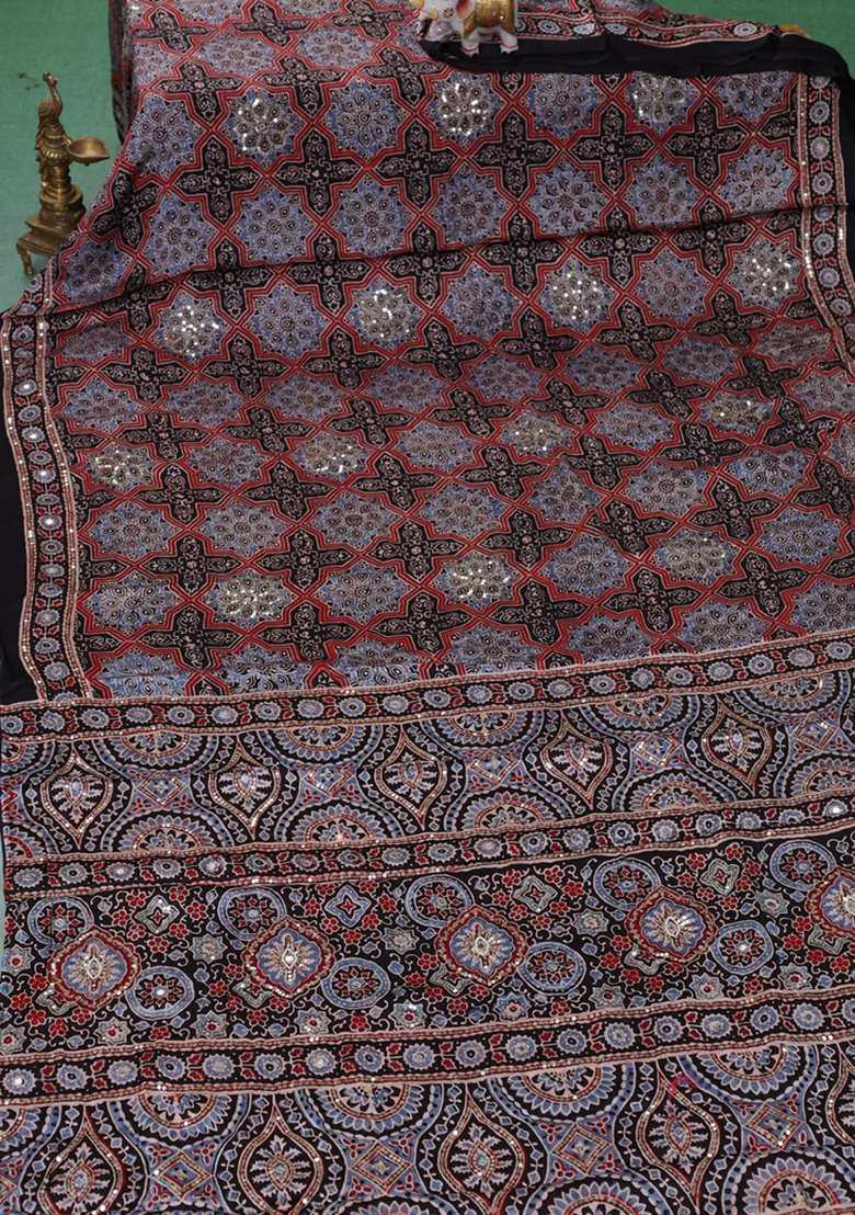 Modal Silk Saree Black With Allover Ajrakh Prints Sequin Work And Mirror Sequin Work Pallu With Embroidered Design For Women - Indya