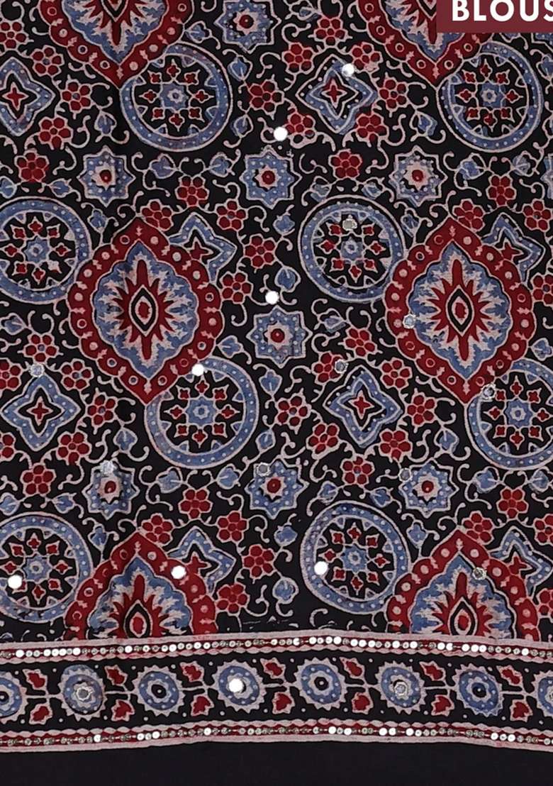 Modal Silk Saree Black With Allover Ajrakh Prints Sequin Work And Mirror Sequin Work Pallu With Embroidered Design For Women - Indya