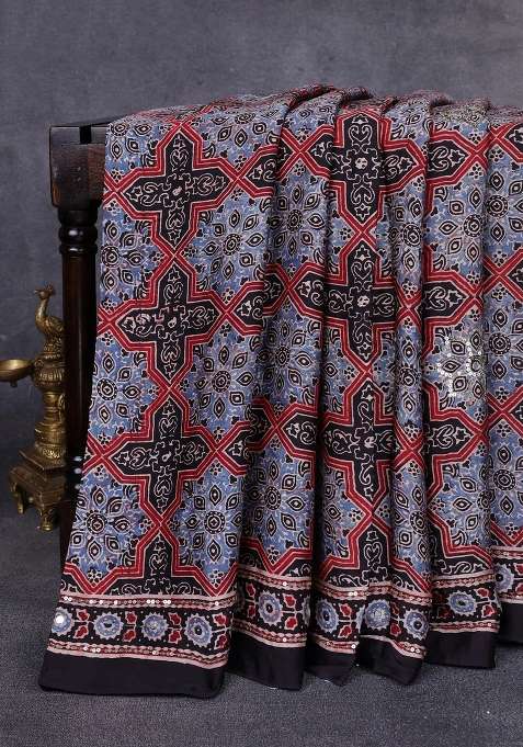 Modal Silk Saree Black With Allover Ajrakh Prints Sequin Work And Mirror Sequin Work Pallu With Embroidered Design For Women